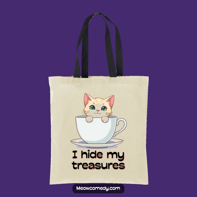 Funny Curious Cat Tote Bag: Teacup Peeking Feline Accessory Gift