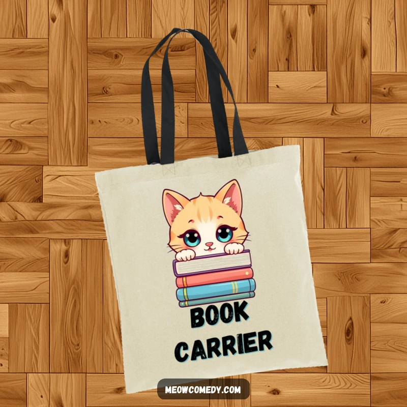 Funny Kawaii Cat Tote Bag: Cartoon cat peeking over books, a fun and practical accessory for readers.