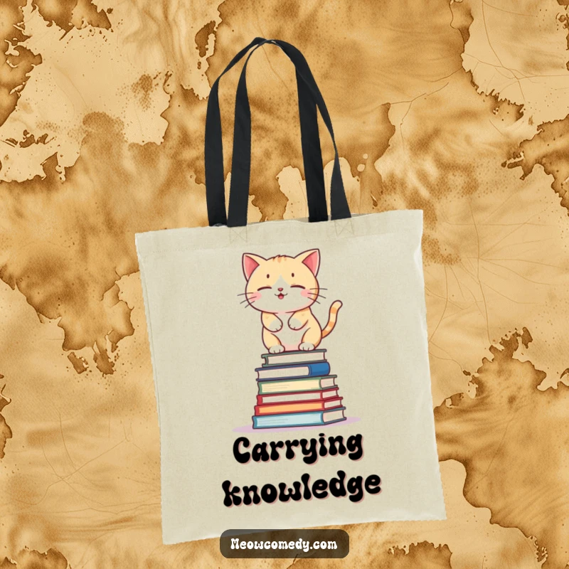 Funny kawaii cat attempting to balance on a wobbly stack of books, cute and humorous tote bag.