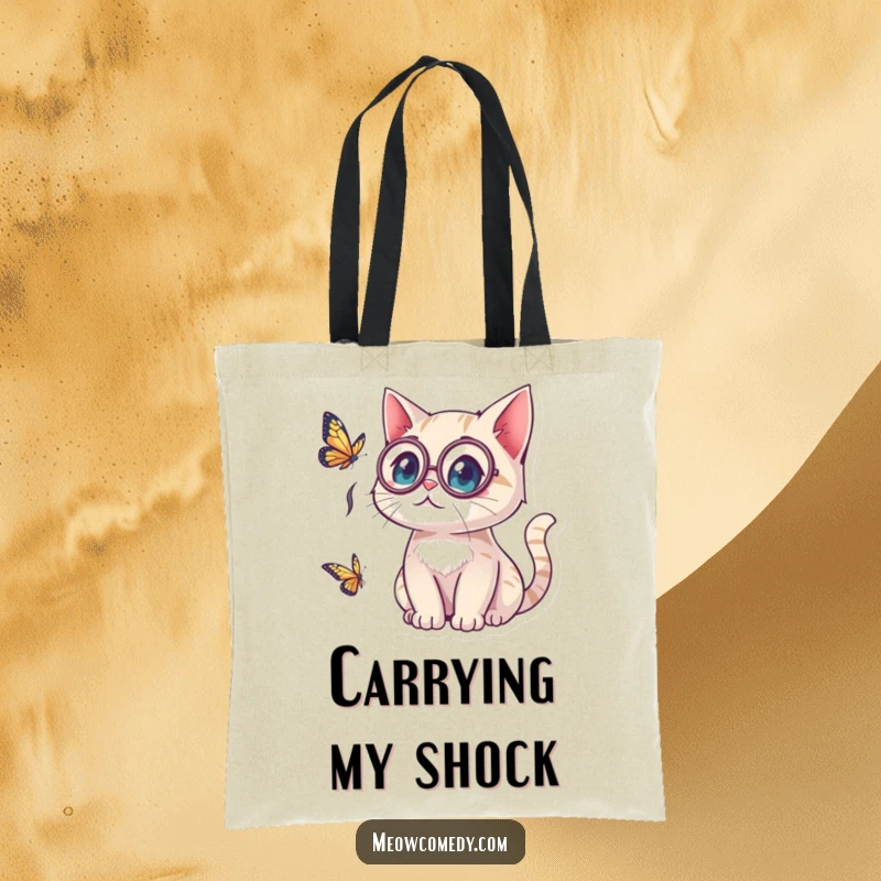 Funny kawaii cat wearing a monocle, looking surprised by a butterfly, a stylish and amusing tote for everyday use.