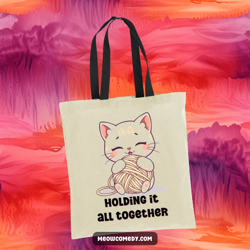 Funny kawaii cat hilariously tangled in a ball of yarn, a humorous and practical tote bag.