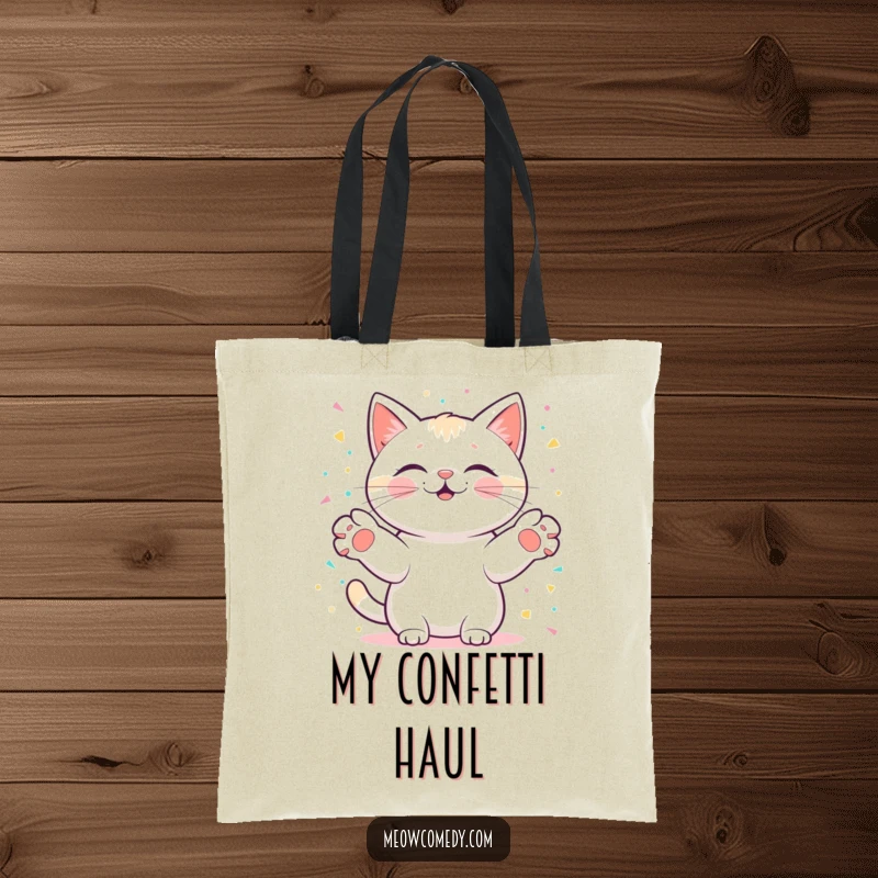 Funny kawaii cat with paws outstretched, catching digital confetti, a vibrant and cheerful tote for everyday festivities.