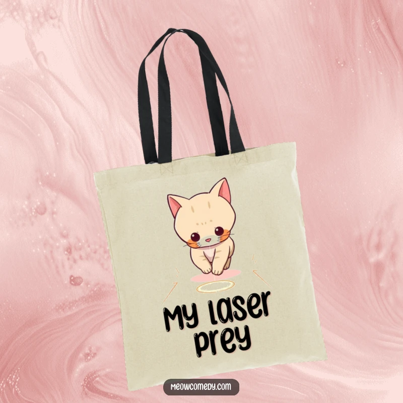 Funny kawaii cat, playfully chasing a red laser dot across a floor, on a durable and stylish tote bag.