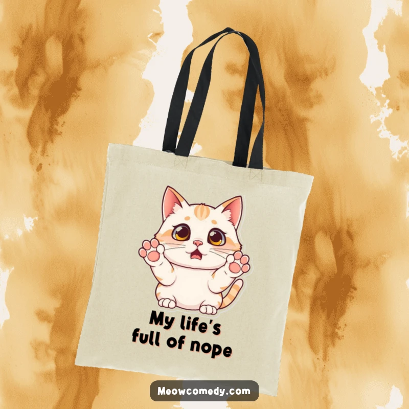 Funny surprised cat tote bag, paws raised in mock fear, ideal for carrying essentials with a humorous, startled expression.