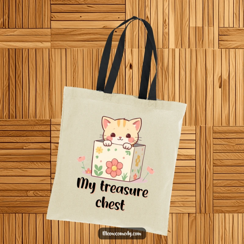 Funny kawaii cat peeking from inside a whimsical, decorated box, a charming and practical tote for everyday adventures.